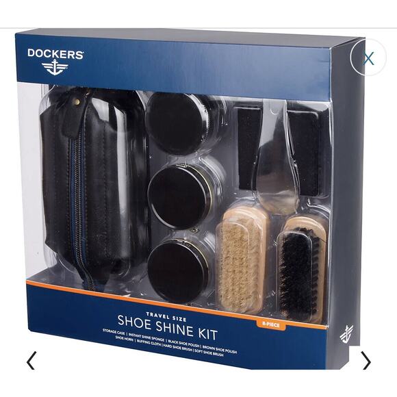NEW Dockers TRAVEL SIZE SHOE SHINE KIT Black Brown Polish Brush Cloth Travel Bag - Picture 1 of 6